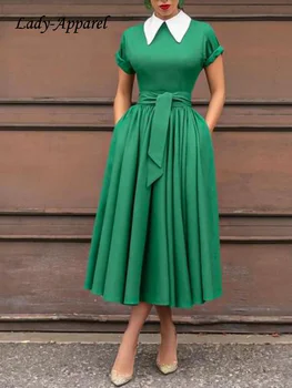 Y2K Mados Kaklo Marškinėliai trumpomis Rankovėmis Suknelė Moterims, Elegantiškas, Aukštos Juosmens Su Diržo Žalia Klostuotas Sijonas Lady Atostogų Atsitiktinis Suknelės
