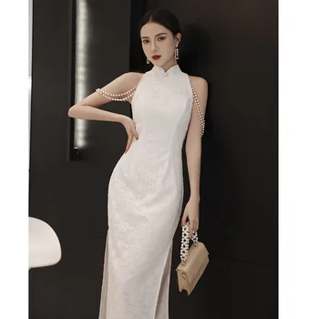 Elegantiškas Kinų Stiliaus Balta Pagerėjo Qipao Aukštos Padalinta vakarinę Suknelę Moterų Šalis Suknelė Chalatas De Soiree