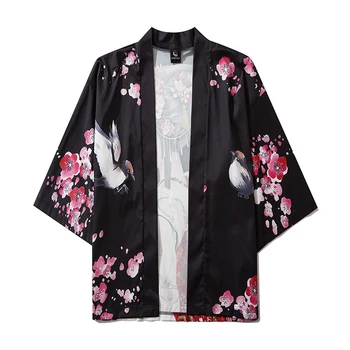 2022 Naujas Juodas Mados Streetwear Grožio Spausdinti Kimono Megztinis Skraiste Kinija Haori Obi Tradicinius Japonijos Drabužius, Moterims, Vyrams