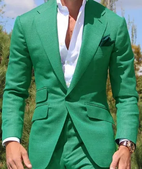 Žalia vyriški Kostiumai Oficialių Verslo Klasės Atvartas Tuxedos Kietas Vieną Mygtuką Striukė 2 vnt Groomsmen Vestuvių (Švarkas+Kelnės)