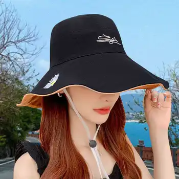 NAUJŲ Saulučių Išsiuvinėti Saulės Kepurės Moterims FlowerPanama Skrybėlės Atsitiktinis Vasaros Skrybėlės Double Side Beach Fisherman ' s hat