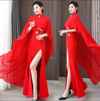 Pagerinti Kinijos Cheongsam Apsiaustu Stiliaus Moterų Suknelė Siuvinėjimo Qipao Raudona Derliaus Etape Chi pao