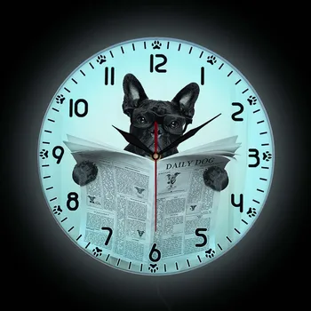Pamišęs prancūzų Buldogų Šunų Šviesos Sieninis Laikrodis Frenchie Skaityti Laikraščius, Sėdi Ant Tualeto, LED Apšvietimas, Sieninis Laikrodis Mažylis Namų Dekoro