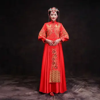 Rytų Azijos Nuotakos grožio Kinų tradicinių Vestuvių Suknelė Moterims, Raudonos spalvos Gėlių Ilgos Rankovės Siuvinėjimas Cheongsam Skraiste Qipao stilius