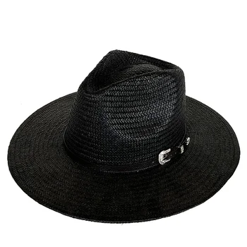 Plačiais kraštais šiaudų skrybėlę skėtį nuo saulės skrybėlę plačiais kraštais lauko paplūdimio skrybėlę Vyrų vasaros juoda saulė skrybėlę шляпа женская летняя