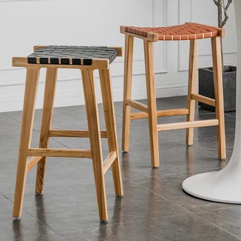 Šiaurės balno oda medžio masyvo aukštos taburetės kūrybos baro kėdės minimalistinio ir asmeninį baro kėdės austi kietos medienos baro kėdė