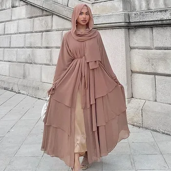 Šifono Atidaryti Abaja Sluoksniuotos Moterų Kaftan Dubajus Prabangūs Turkijos Musulmonų Suknelė Islamo Skraiste Afrikos Kimono Femme Drabužių Mados Caftan