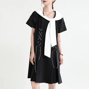 Nėriniai-up karinio jūrų laivyno apykaklės juodos ir baltos spalvos kontrastingos spalvos suknelė nauja koledžo amžiaus-sumažinti prancūzijos derliaus trumparankoviai sijonas