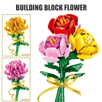 Mergina Žaislų Kūrimo Bloką Gėlių, Rožių Chrizantemų 3D Modelį Plytų Namo Augalų Vazoninių Gėlių Ornamentu Blokuoti Vaikų Žaislas Dovana