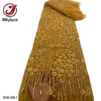 Aukštos Kokybės Afrikos Tiulio Siuvinėjimo 3D Gėlių Nėrinių Audinys su Blizgančiais Vestuvių Suknelė Šalies Siuvimo XCW-258
