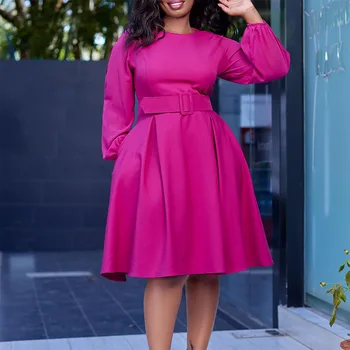 Rudens-Line Sūpynės Plisuotos Midi Suknelė Office Lady Afrikos Moterų Drabužių 2023 Elegantiškas Ilgas Žibintų Rankovės Crewneck Varčias Suknelė